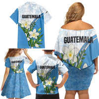 Guatemala White Monja Blanca Flower Family Matching Off Shoulder Short Dress and Hawaiian Shirt with Blue Flag Theme and Floral Pattern Design - Wonder Print Shop