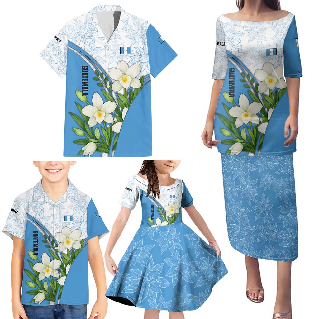 Guatemala White Monja Blanca Flower Family Matching Puletasi and Hawaiian Shirt with Blue Flag Theme and Floral Pattern Design - Wonder Print Shop