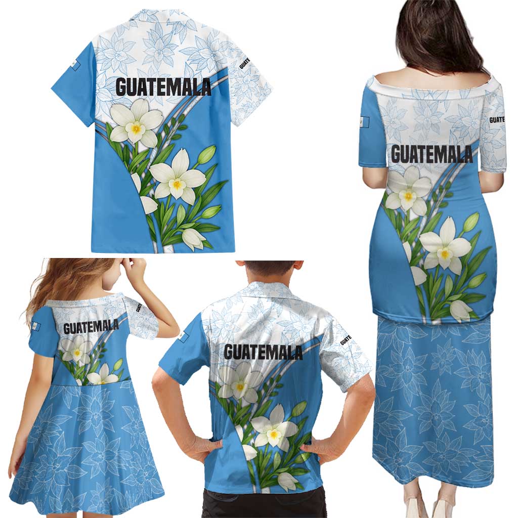 Guatemala White Monja Blanca Flower Family Matching Puletasi and Hawaiian Shirt with Blue Flag Theme and Floral Pattern Design - Wonder Print Shop