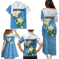 Guatemala White Monja Blanca Flower Family Matching Puletasi and Hawaiian Shirt with Blue Flag Theme and Floral Pattern Design - Wonder Print Shop