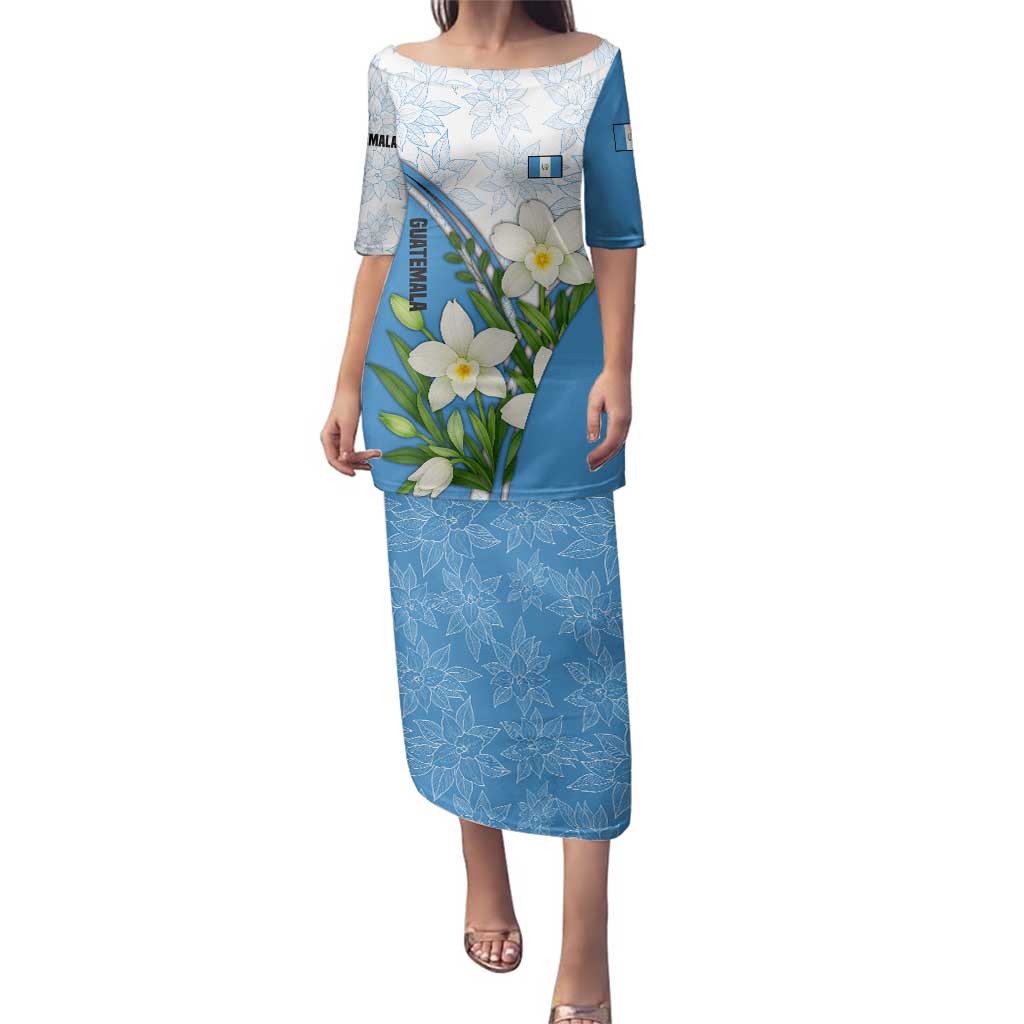 Guatemala White Monja Blanca Flower Family Matching Puletasi and Hawaiian Shirt with Blue Flag Theme and Floral Pattern Design - Wonder Print Shop