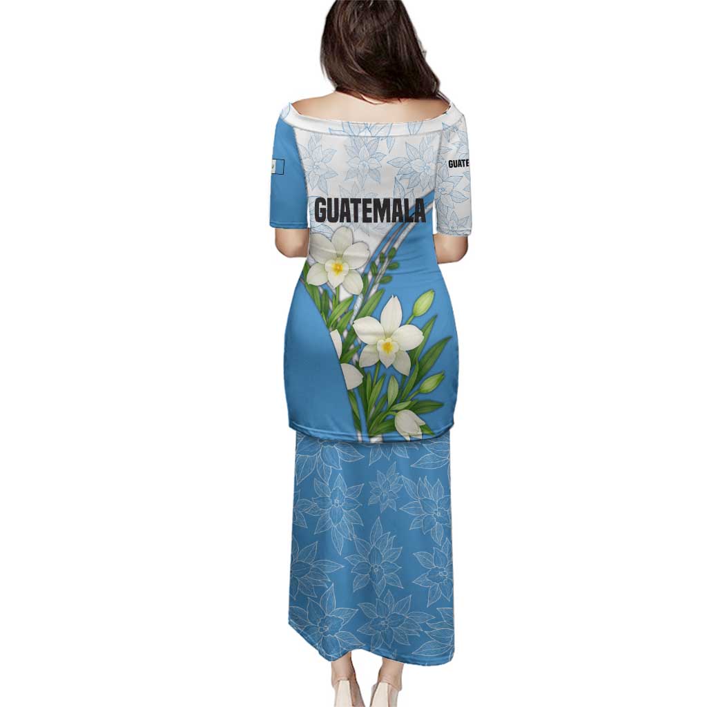 Guatemala White Monja Blanca Flower Family Matching Puletasi and Hawaiian Shirt with Blue Flag Theme and Floral Pattern Design - Wonder Print Shop