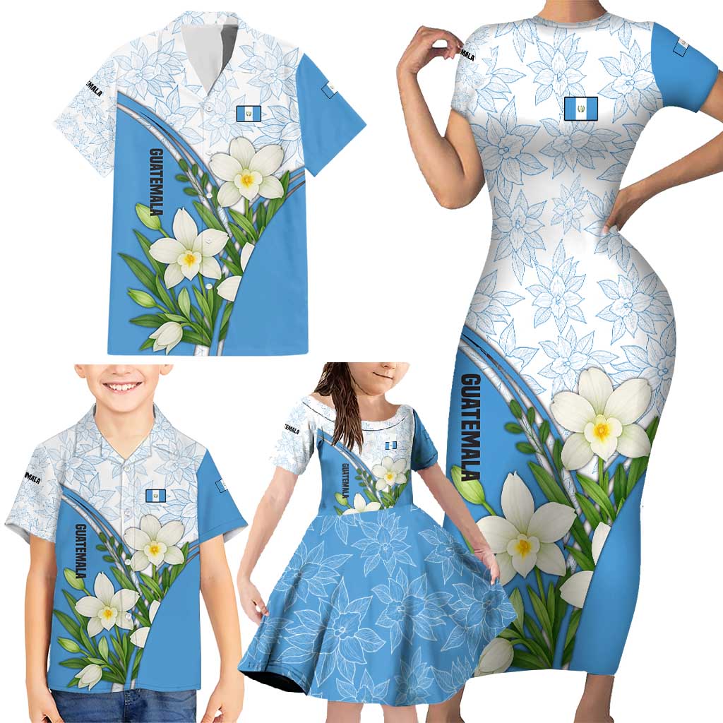 Guatemala White Monja Blanca Flower Family Matching Short Sleeve Bodycon Dress and Hawaiian Shirt with Blue Flag Theme and Floral Pattern Design - Wonder Print Shop