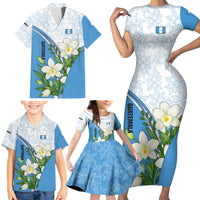Guatemala White Monja Blanca Flower Family Matching Short Sleeve Bodycon Dress and Hawaiian Shirt with Blue Flag Theme and Floral Pattern Design - Wonder Print Shop