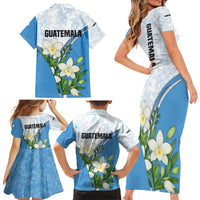 Guatemala White Monja Blanca Flower Family Matching Short Sleeve Bodycon Dress and Hawaiian Shirt with Blue Flag Theme and Floral Pattern Design - Wonder Print Shop