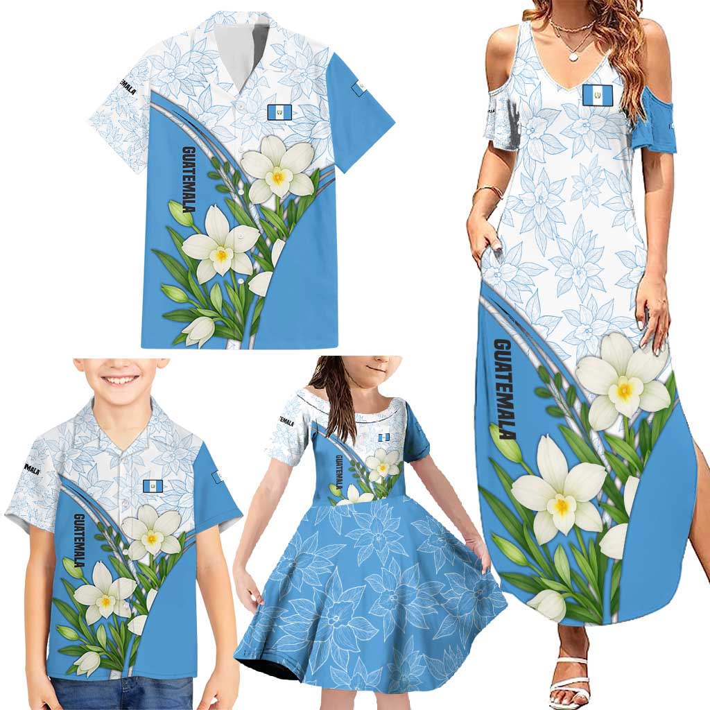 Guatemala White Monja Blanca Flower Family Matching Summer Maxi Dress and Hawaiian Shirt with Blue Flag Theme and Floral Pattern Design - Wonder Print Shop