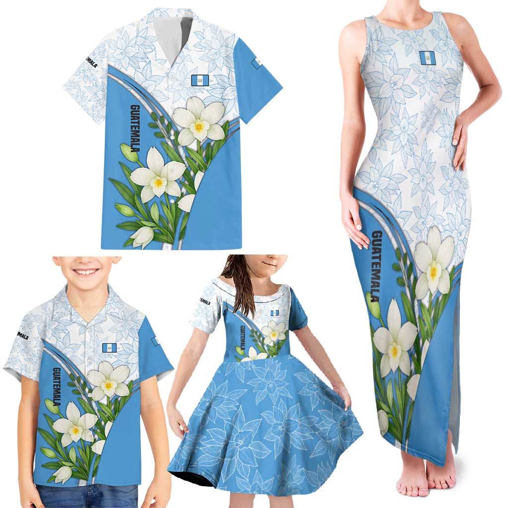 Guatemala White Monja Blanca Flower Family Matching Tank Maxi Dress and Hawaiian Shirt with Blue Flag Theme and Floral Pattern Design - Wonder Print Shop