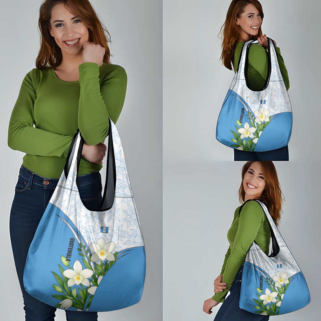 Guatemala White Monja Blanca Flower Grocery Bag with Blue Flag Theme and Floral Pattern Design - Wonder Print Shop