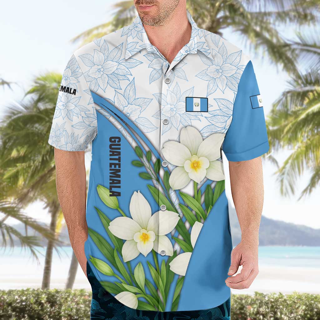 Guatemala White Monja Blanca Flower Hawaiian Shirt with Blue Flag Theme and Floral Pattern Design - Wonder Print Shop