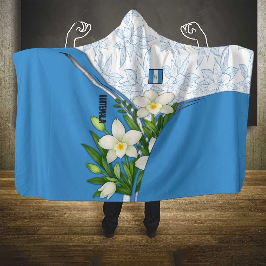 Guatemala White Monja Blanca Flower Hooded Blanket with Blue Flag Theme and Floral Pattern Design - Wonder Print Shop