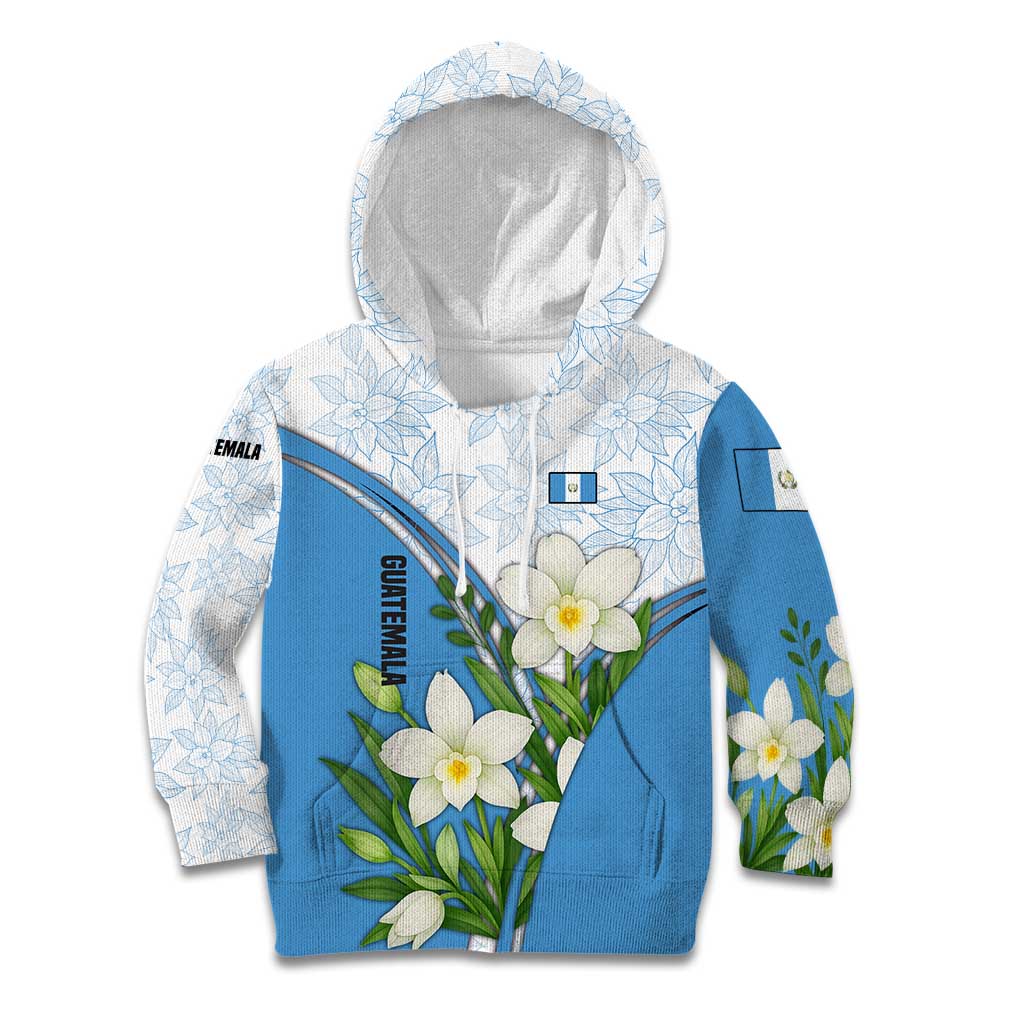 Guatemala White Monja Blanca Flower Kid Hoodie with Blue Flag Theme and Floral Pattern Design - Wonder Print Shop