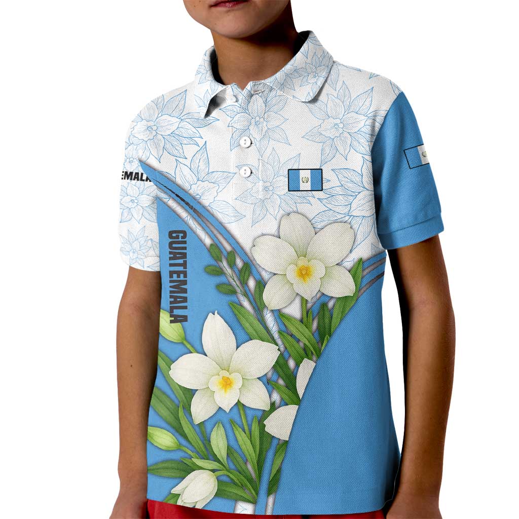 Guatemala White Monja Blanca Flower Kid Polo Shirt with Blue Flag Theme and Floral Pattern Design - Wonder Print Shop