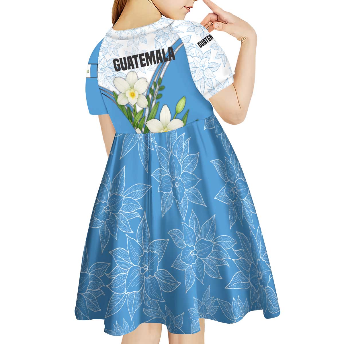 Guatemala White Monja Blanca Flower Kid Short Sleeve Dress with Blue Flag Theme and Floral Pattern Design - Wonder Print Shop