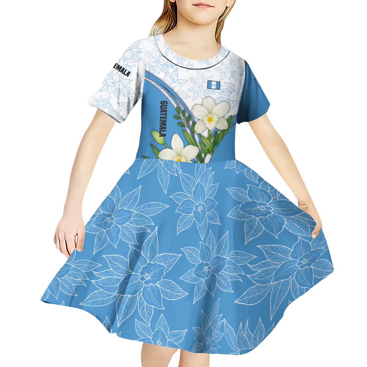 Guatemala White Monja Blanca Flower Kid Short Sleeve Dress with Blue Flag Theme and Floral Pattern Design - Wonder Print Shop