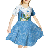 Guatemala White Monja Blanca Flower Kid Short Sleeve Dress with Blue Flag Theme and Floral Pattern Design - Wonder Print Shop