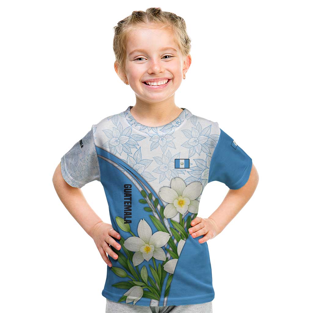 Guatemala White Monja Blanca Flower Kid T Shirt with Blue Flag Theme and Floral Pattern Design - Wonder Print Shop
