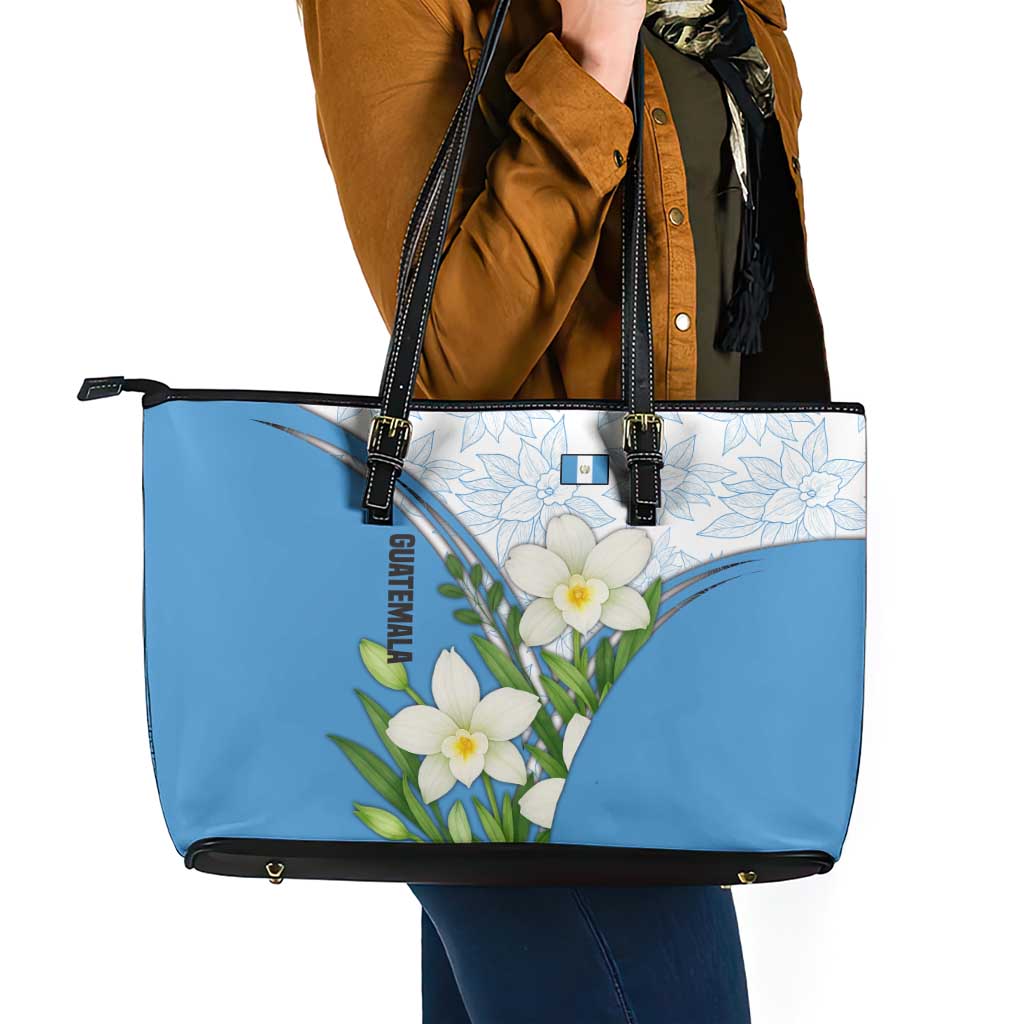 Guatemala White Monja Blanca Flower Leather Tote Bag with Blue Flag Theme and Floral Pattern Design - Wonder Print Shop