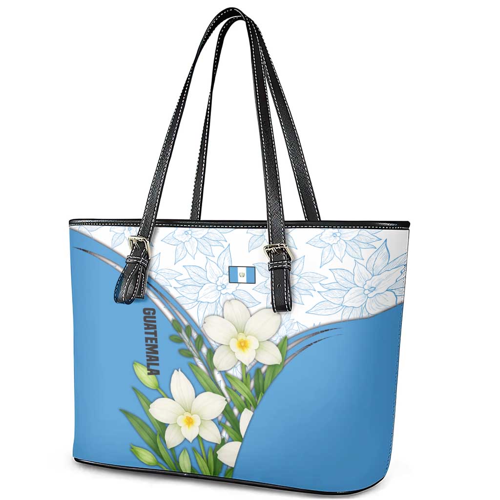 Guatemala White Monja Blanca Flower Leather Tote Bag with Blue Flag Theme and Floral Pattern Design - Wonder Print Shop
