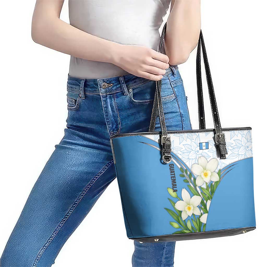 Guatemala White Monja Blanca Flower Leather Tote Bag with Blue Flag Theme and Floral Pattern Design - Wonder Print Shop