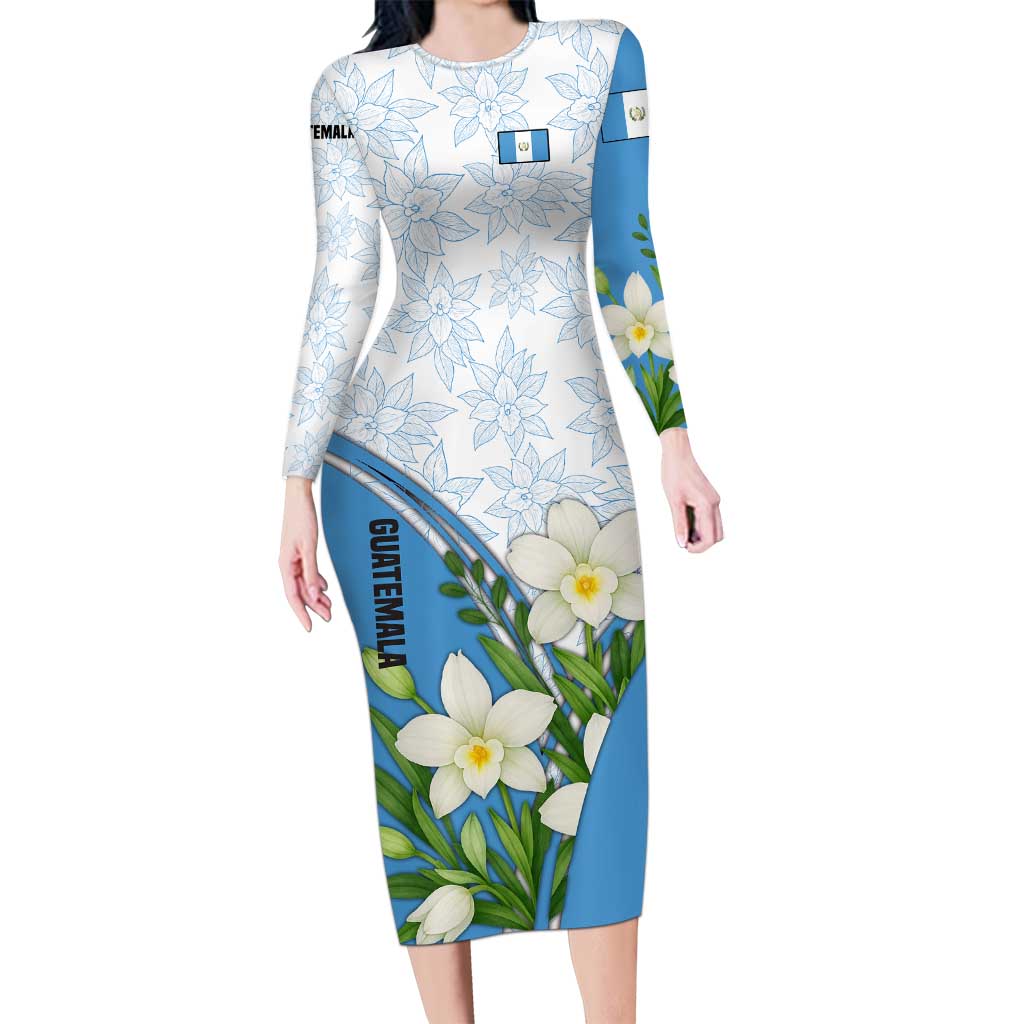 Guatemala White Monja Blanca Flower Long Sleeve Bodycon Dress with Blue Flag Theme and Floral Pattern Design - Wonder Print Shop