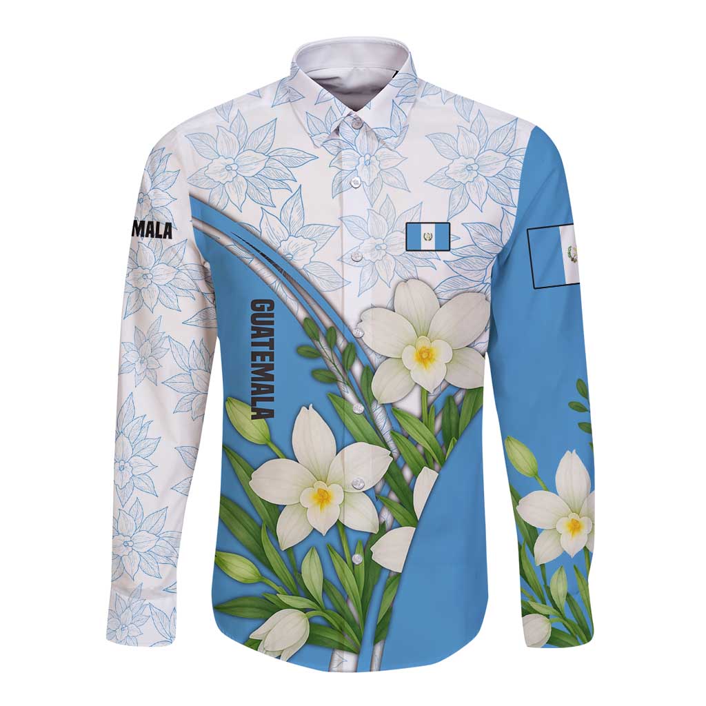 Guatemala White Monja Blanca Flower Long Sleeve Button Shirt with Blue Flag Theme and Floral Pattern Design - Wonder Print Shop