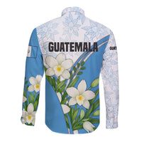 Guatemala White Monja Blanca Flower Long Sleeve Button Shirt with Blue Flag Theme and Floral Pattern Design - Wonder Print Shop