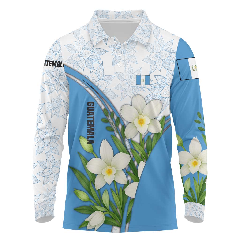 Guatemala White Monja Blanca Flower Long Sleeve Polo Shirt with Blue Flag Theme and Floral Pattern Design - Wonder Print Shop