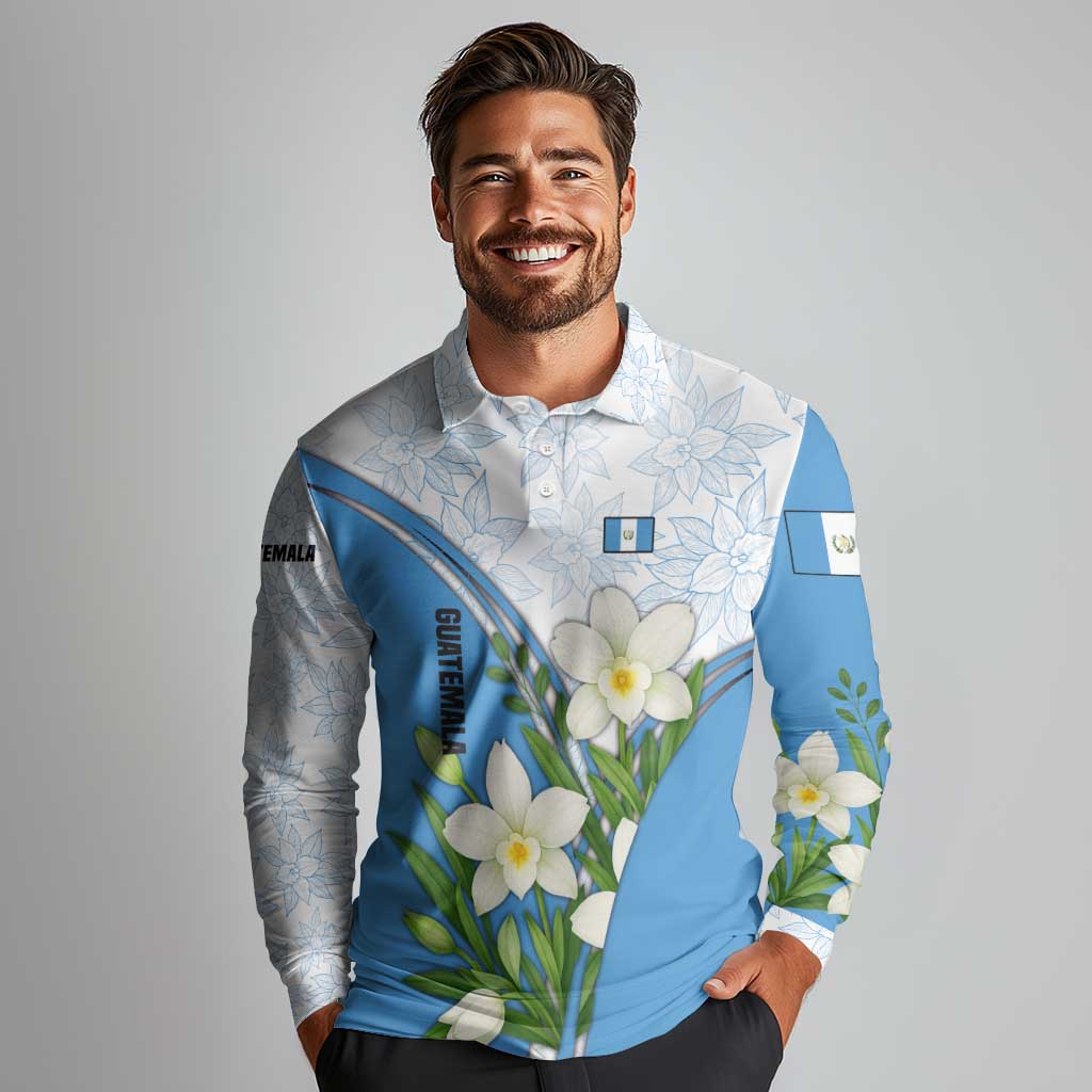 Guatemala White Monja Blanca Flower Long Sleeve Polo Shirt with Blue Flag Theme and Floral Pattern Design - Wonder Print Shop