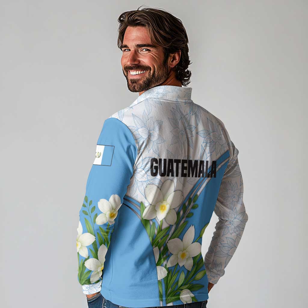 Guatemala White Monja Blanca Flower Long Sleeve Polo Shirt with Blue Flag Theme and Floral Pattern Design - Wonder Print Shop