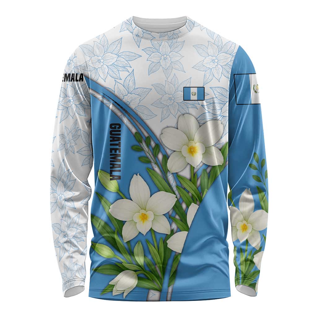 Guatemala White Monja Blanca Flower Long Sleeve Shirt with Blue Flag Theme and Floral Pattern Design - Wonder Print Shop