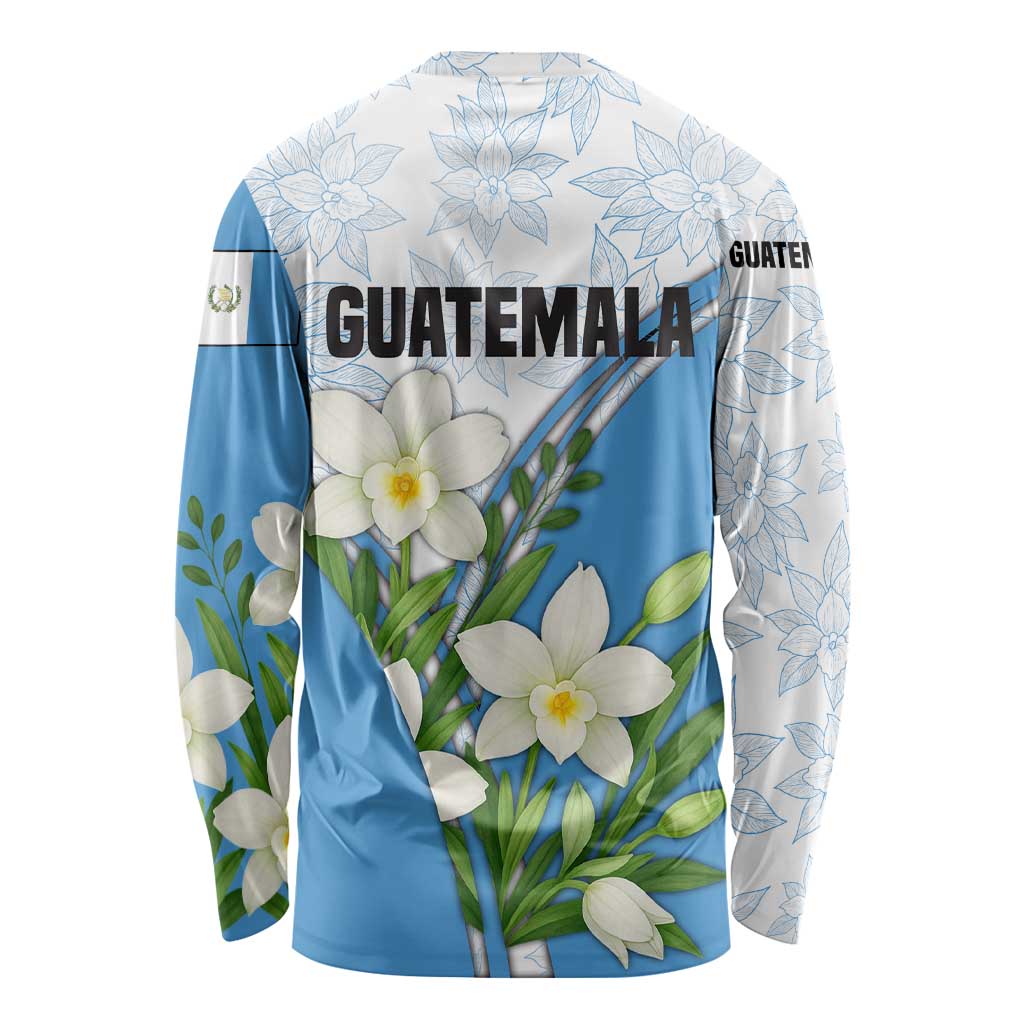 Guatemala White Monja Blanca Flower Long Sleeve Shirt with Blue Flag Theme and Floral Pattern Design - Wonder Print Shop