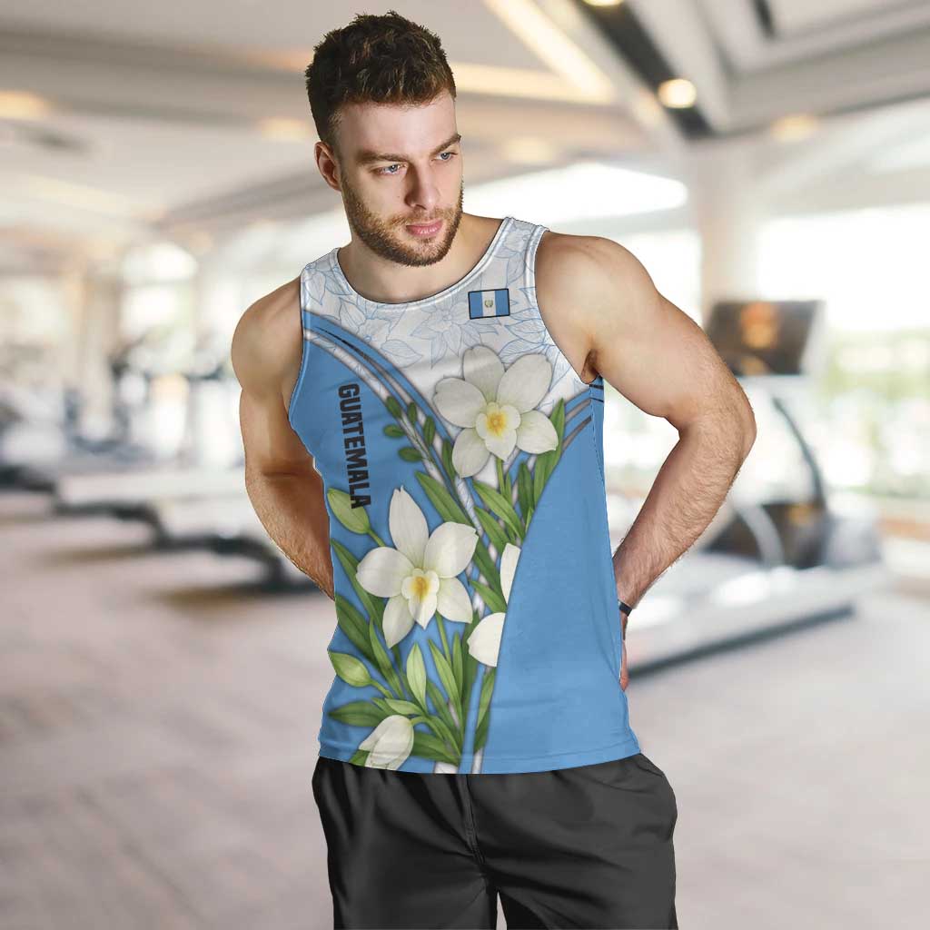 Guatemala White Monja Blanca Flower Men Tank Top with Blue Flag Theme and Floral Pattern Design - Wonder Print Shop