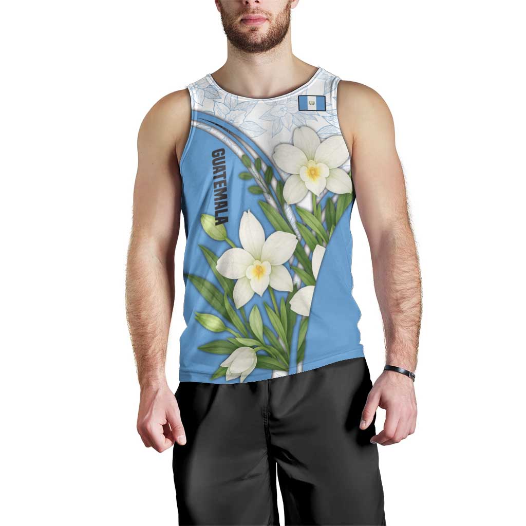 Guatemala White Monja Blanca Flower Men Tank Top with Blue Flag Theme and Floral Pattern Design - Wonder Print Shop