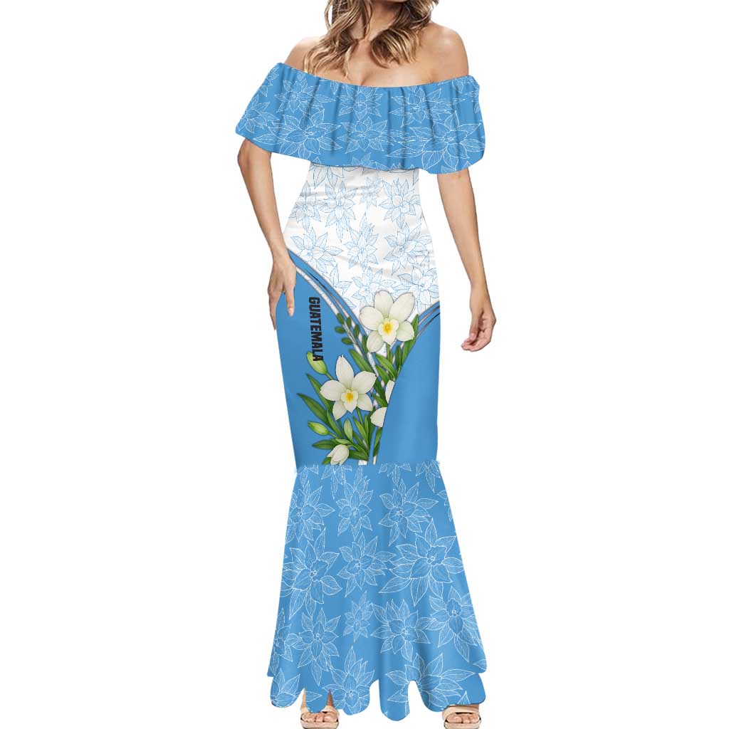 Guatemala White Monja Blanca Flower Mermaid Dress with Blue Flag Theme and Floral Pattern Design - Wonder Print Shop