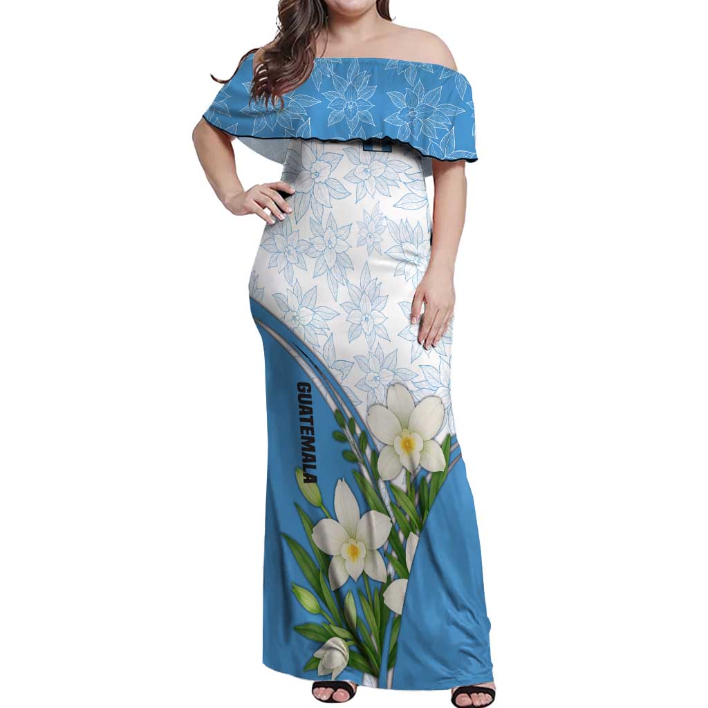 Guatemala White Monja Blanca Flower Off Shoulder Maxi Dress with Blue Flag Theme and Floral Pattern Design - Wonder Print Shop