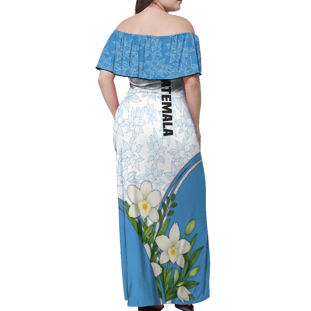 Guatemala White Monja Blanca Flower Off Shoulder Maxi Dress with Blue Flag Theme and Floral Pattern Design - Wonder Print Shop
