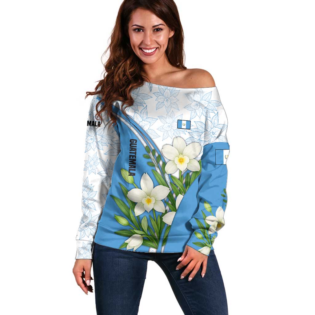 Guatemala White Monja Blanca Flower Off Shoulder Sweater with Blue Flag Theme and Floral Pattern Design - Wonder Print Shop