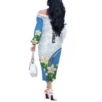 Guatemala White Monja Blanca Flower Off The Shoulder Long Sleeve Dress with Blue Flag Theme and Floral Pattern Design - Wonder Print Shop