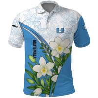 Guatemala White Monja Blanca Flower Polo Shirt with Blue Flag Theme and Floral Pattern Design - Wonder Print Shop