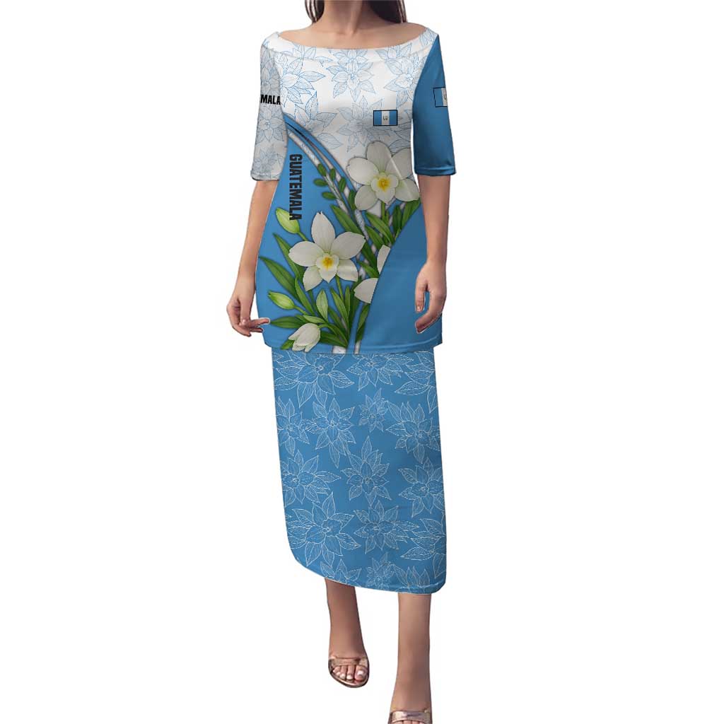 Guatemala White Monja Blanca Flower Puletasi with Blue Flag Theme and Floral Pattern Design - Wonder Print Shop