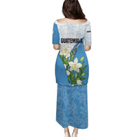 Guatemala White Monja Blanca Flower Puletasi with Blue Flag Theme and Floral Pattern Design - Wonder Print Shop