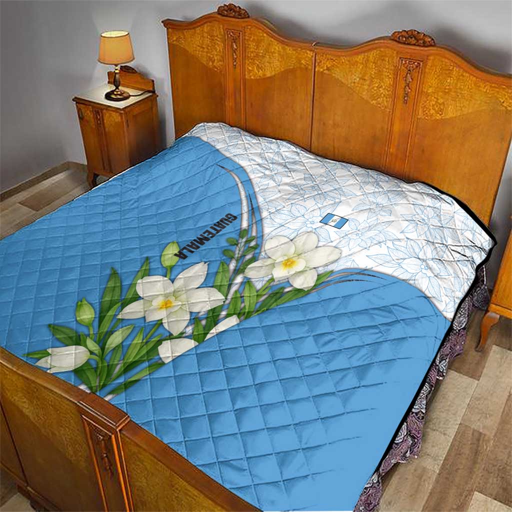 Guatemala White Monja Blanca Flower Quilt with Blue Flag Theme and Floral Pattern Design - Wonder Print Shop