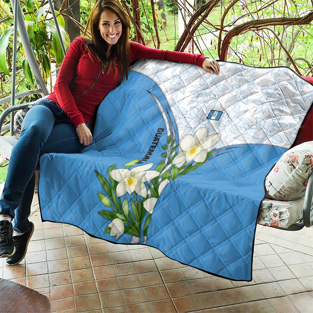 Guatemala White Monja Blanca Flower Quilt with Blue Flag Theme and Floral Pattern Design - Wonder Print Shop