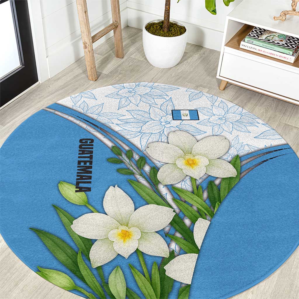 Guatemala White Monja Blanca Flower Round Carpet with Blue Flag Theme and Floral Pattern Design - Wonder Print Shop