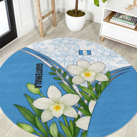 Guatemala White Monja Blanca Flower Round Carpet with Blue Flag Theme and Floral Pattern Design - Wonder Print Shop