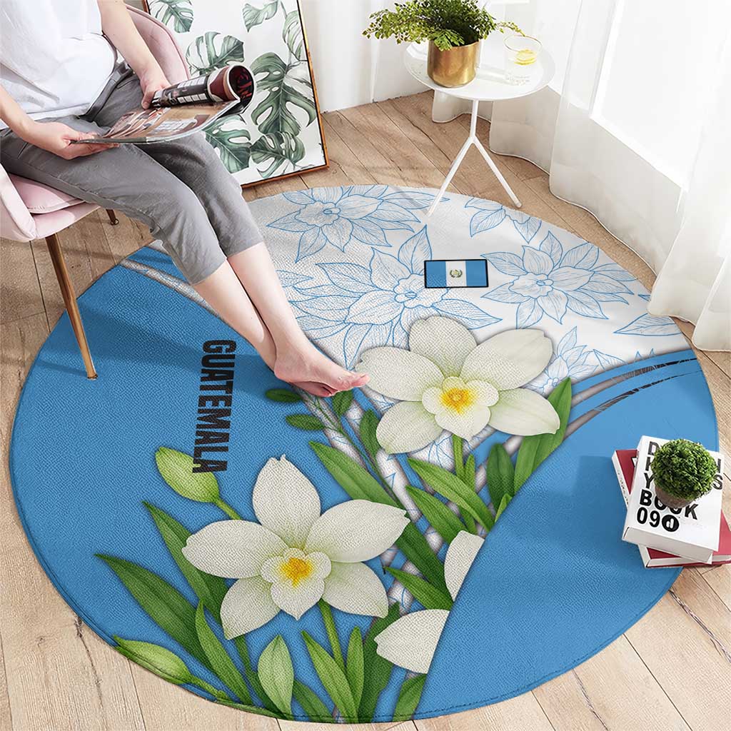 Guatemala White Monja Blanca Flower Round Carpet with Blue Flag Theme and Floral Pattern Design - Wonder Print Shop