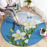 Guatemala White Monja Blanca Flower Round Carpet with Blue Flag Theme and Floral Pattern Design - Wonder Print Shop