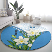 Guatemala White Monja Blanca Flower Round Carpet with Blue Flag Theme and Floral Pattern Design - Wonder Print Shop