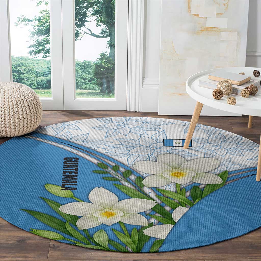 Guatemala White Monja Blanca Flower Round Carpet with Blue Flag Theme and Floral Pattern Design - Wonder Print Shop