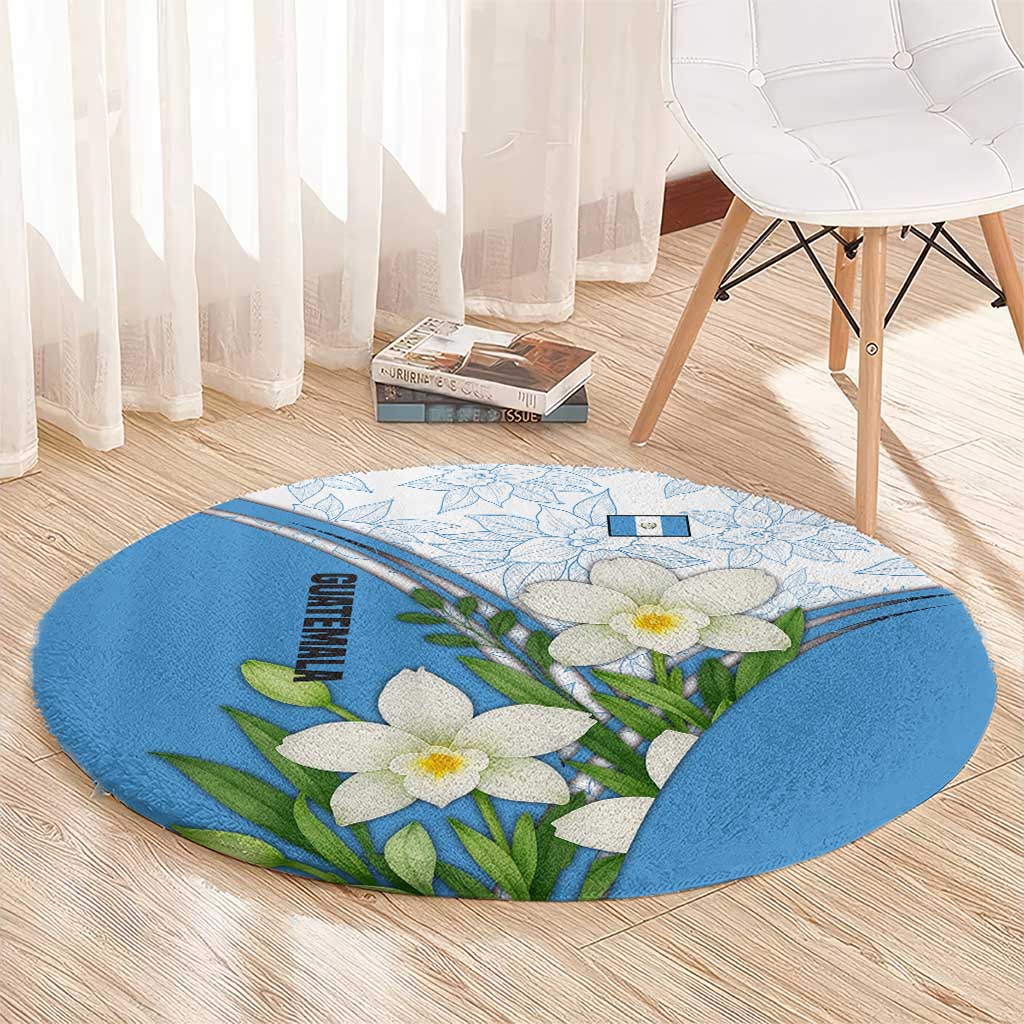 Guatemala White Monja Blanca Flower Round Carpet with Blue Flag Theme and Floral Pattern Design - Wonder Print Shop
